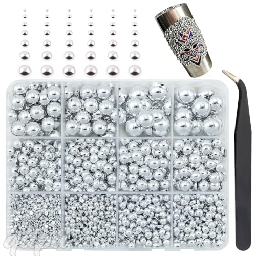 qiipii 2-10mm Shiny Silver Flatback Half Pearls Nail Charms Half Round Gems - color: Silver, size: AB Coating Half Pearls