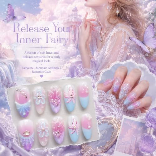10Pcs Handmade Press on Nails with 3D Flower Designs and Rhinestones, Medium Almond Gradient Pink and Blue Fake Nails, Luxury Fairy Floral Acrylic Nails for Women - color: Pink and Blue Gradient, size: S