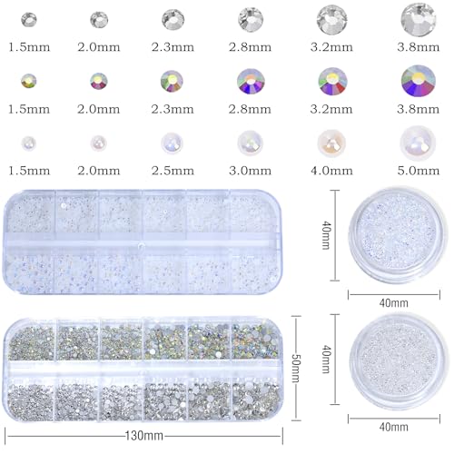 Nail Rhinestones Pearls - Nail Charms for Acrylics, Flatback, Half Rounds, 4 Boxes, Crystals Gems, with Kit, for DIY Nail Art Decor - color: Nail Rhinestones Pearls