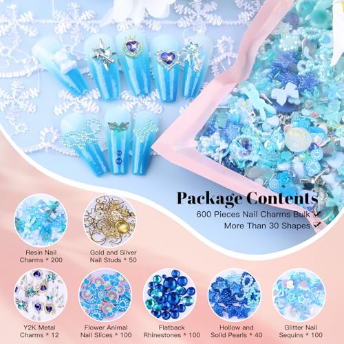 650Pcs Cute 3D Resin Nail Charms and Gems Blue Rabbit Bow Butterfly Charms - color: Blue