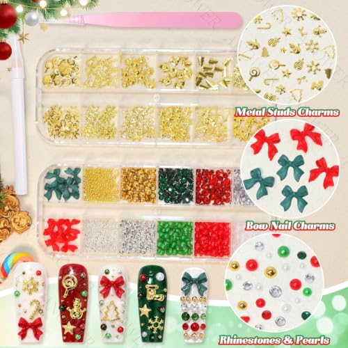 2 Boxes Christmas Nail Charms, Metal Nail Studs & Rhinestones Pearls