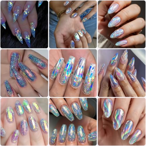 10Pcs Laser Aurora Nail Foil Transfer Stickers for Long Short Acrylic Nails - color: Silver