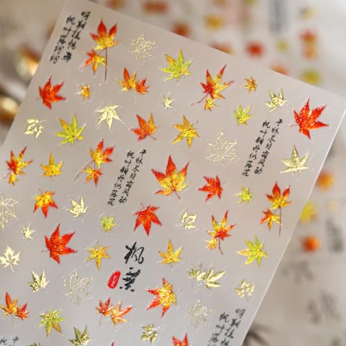 1 Sheet Fall Nail Stickers 5D Embossed Self-Adhesive Fall Maple Leaf Nail Decals Red Gold Maple Leaves Nails Designs Glitter Maple Leaf Nail Art Stickers Thanksgiving Nails Supplies for Women Manicure - color: Style18