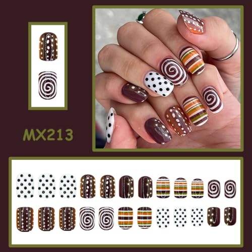 Polka Dot Press on Nails Square Short Stripe Swirl Design - color: Brown Black White Green Orange