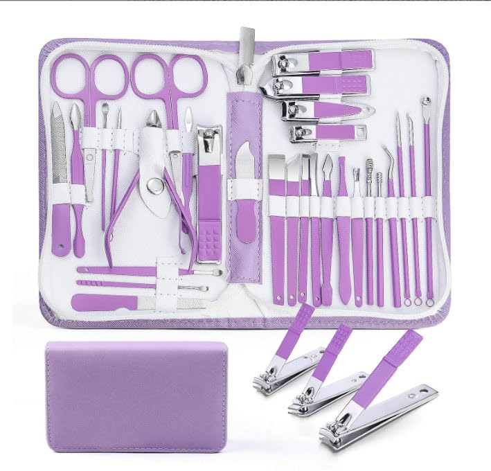 30Pcs Stainless Steel Nail Clipper Set with Luxurious Travel Case - color: 30 in 1 Purple