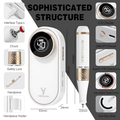 YOKE FELLOW Nail Drill Machine - 4000RPM Nail Drills for Acrylic Nails Professional with 12 Drill Bits for Electric Nail File Manicure Pedicure Home Use (White) - color: White