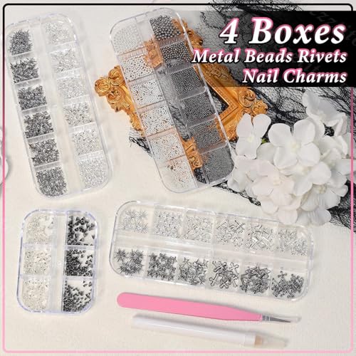 Punk Gothic Nail Art Studs, Black Silver Caviar Beads & Spike Nail Charms - color: S3