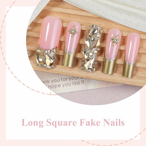 MISUD Press on Nails - Long Square Fake Nails with Gold Chrome, Acrylic Bling Glitter Rhinestone Design 24 pcs - color: 07801-02Gold