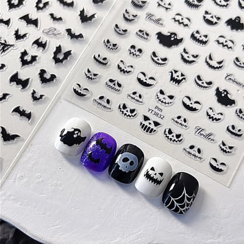Halloween Nail Stickers for Nail Art Jack O Lantern Pumpkin Grimace Nail Art Stickers Ghost Holiday Cute 5D Embossed Black Nail Decals Self-Adhesive Nails Supply Manicure Sliders for Nails Decoration - color: Halloween Style1