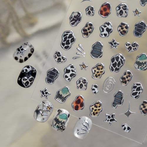 1 Sheet Animal Print Nail Art Stickers with Leopard Snake Cow Prints 5D Embossed Self Adhesive Nails Decals Sliver Edges Design with Star Irregular Shapes Nail Supplies for Women Manicure Decorations - color: Animal Print