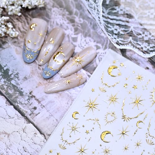 1 Sheet Gold Moon Star Nail Sticker for Nail Art Gold Nail Art Stickers Luxury Nail Decals for Nails Designs 5D Embossed Moon Heart Nail Art Sticker Nail Supplies Nail Decor for Women DIY Manicure - style: gold stars