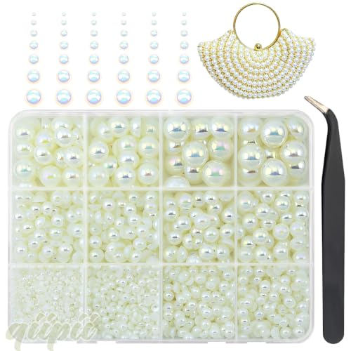 qiipii 2mm-10mm Ivory AB Flatback Half Pearls Nail Charms Half Round Gems - color: Beige, size: AB Coating Half Pearls