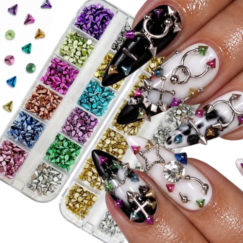 2 Boxes 24 Grids Punk Nail Charms Bottomed Pointed Cone Nail Rhinestones - color: Green