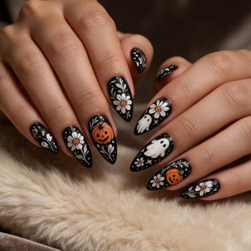 24Pcs Halloween Press On Nails Medium Almond With Ghost Pumpkin Fake Nails - color: Halloween nails-14