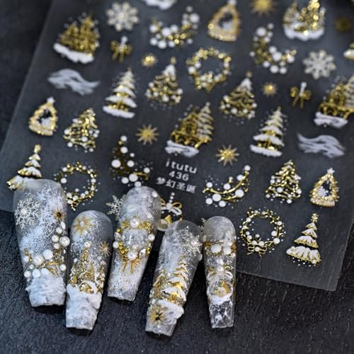 5D Embossed Christmas Nail Art Stickers Self-Adhesive Gold Wreath Xmas Tree Elk Snowflakes Nail Decals for Women Girls Winter Xmas Holiday Manicure DIY Nail Supplies - color: Style-1