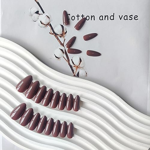 Brown Almond Shaped Nails, Medium Length, 24pcs Press On False Nails, Reusable, No UV Light Needed - color: glossy brown