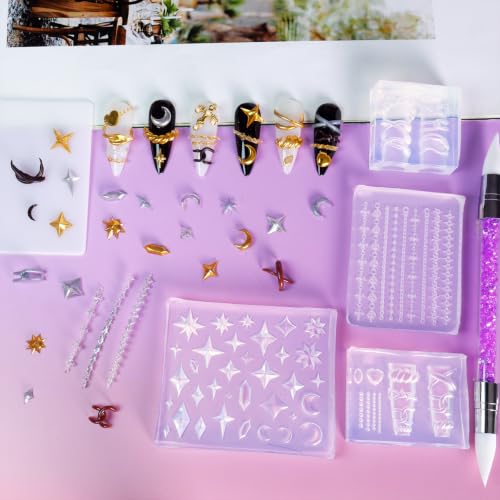 Laza 4pcs 3D Chain Silicone Nail Molds, Multiple Shapes Necklace Nail Molds - color: Starry Chain Silhouette