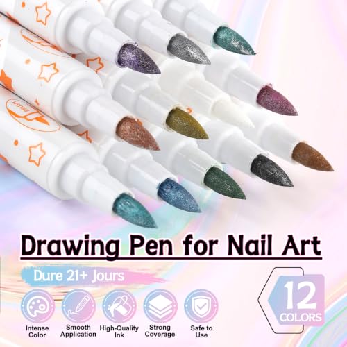 TOROKOM 12 Colors Nail Art Pens Set, Nail Art Markers 3D Nail Polish Pens - color: 12 Color Dual-Ended B