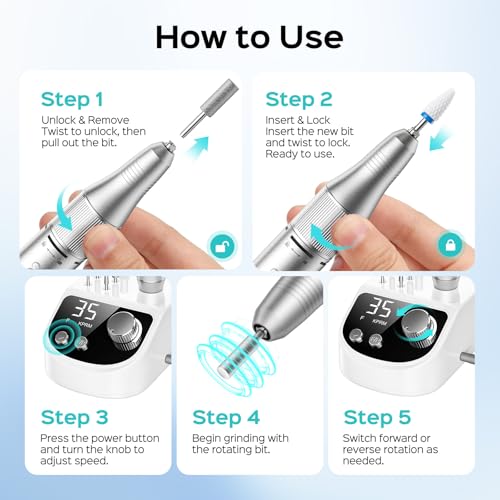 COSLUS E50 Professional Electric Nail Drill, Upgraded Steady Power, White - color: White