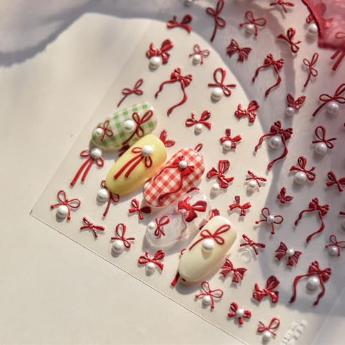 1 Sheet Embossed Bow Nail Art Stickers Pearl Bowknots Nail Art Stickers 5D Self Adhesive Bow Tie Nail Decals Red Mix Shape Bow-Knot Design Manicure Supplies for Women Nail Art Decorations Accessories - style: pearl red bow