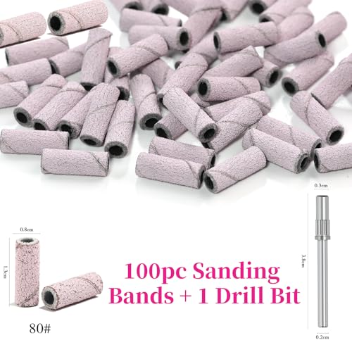 100 Pcs Nail Drill Bits, 80 Grits Sanding Bands For Nail Drill with 3.1mm Mandrel Bits, Mini Sanding Bands for Acrylic Nails Gel Manicures and Pedicures (Pink) - color: 100pc Pink, size: 80 Grit