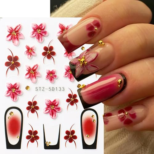 Flowers Nail Art Stickers Decals 5D Embossed Self-Adhesive Summer Flowers Nail Stickers French Tip Design Nail Decals Spring and Summer Flower Sticker for Women DIY Manicure Decoration Supplies - style: Flowers
