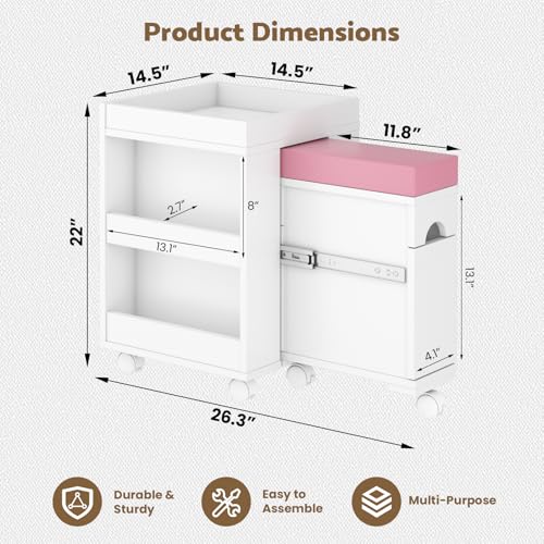 Pedicure Cart w/Extendable Padded Foot Rest (Pink, 26.3" L) - color: Pink, size: 26.3" L