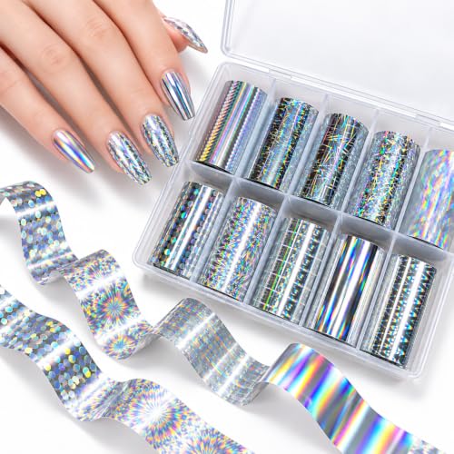 10Pcs Laser Aurora Nail Foil Transfer Stickers for Long Short Acrylic Nails - color: Silver