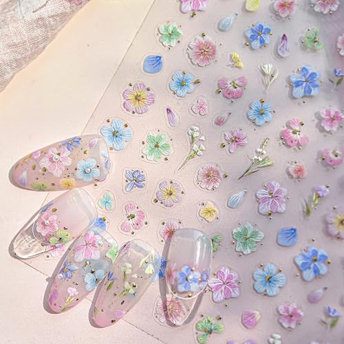 1 Sheet 5D Embossed Flower Nail Stickers Petal Nail Art Stickers Spring Summer 5D Floral Nail Decals Laser Cute Flowers Nail Supplies Colorful Hibiscus Nail Design Nail Decor for Women DIY Manicure - style: hawaiian flower