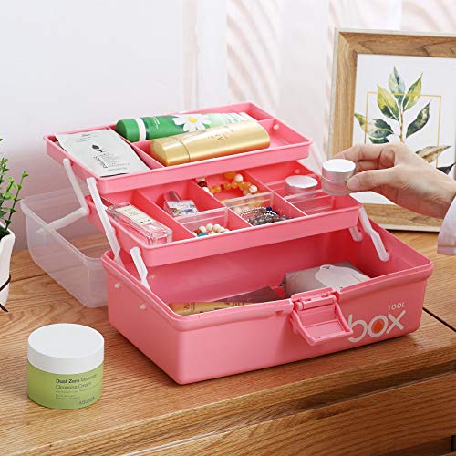 Kinsorcai 2PCS 12'' Three-Layer Clear Plastic Storage Box/Tool Box, Multipurpose Organizer and Portable Handled Storage Case for Art Craft and Cosmetic (Pink) - color: pink, size: 2PCS