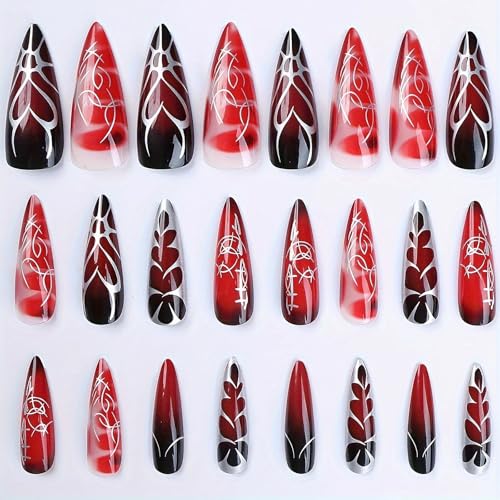 MISUD Press on Nails - Long Stiletto Glue on Nails with Goth Red Black, Acrylic Vampire Gothic Design 24 pcs - color: 02305-10Red&Black