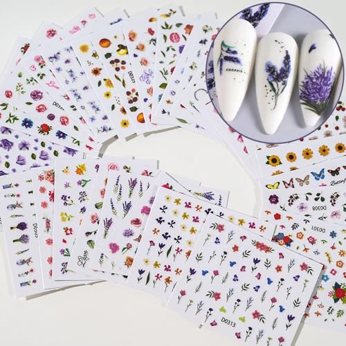 30 Sheets Flower Nail Stickers for Nail Art, 3D Self-Adhesive Nail Decals - color: Different Flower