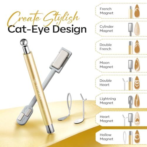 modelones 3-in-1 Cat Eye Magnet Nail Art Tool,Cylindrical & Ball Magnet Nail Art Pens, Multi-Effect Magnets for Cat Eye Gel Polish DIY at Home Salon(Magnet Only, No Gel Included) - color: A1-3-in-1 Gold Double Head Cat Eye Magnet