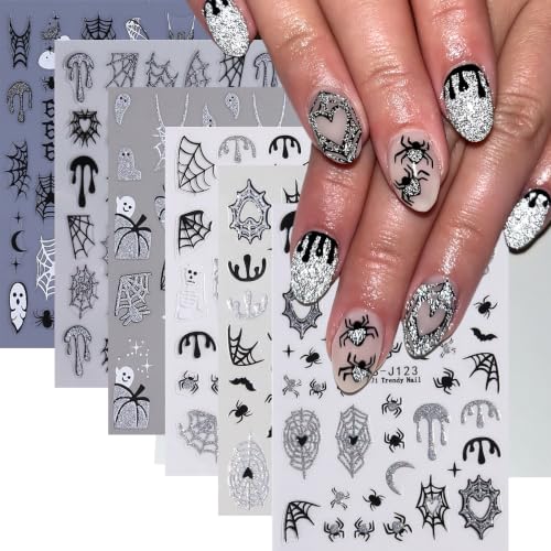 6Sheets Gothic Nail Stickers 3D Self-Adhesive Glitter Ghost Bat Nail Decals Skull Spider Web Blood Drop Knife Nail Designs Pumpkin Spider Nail Art Stickers Halloween Supplies for Women Manicure DIY - color: Halloween10