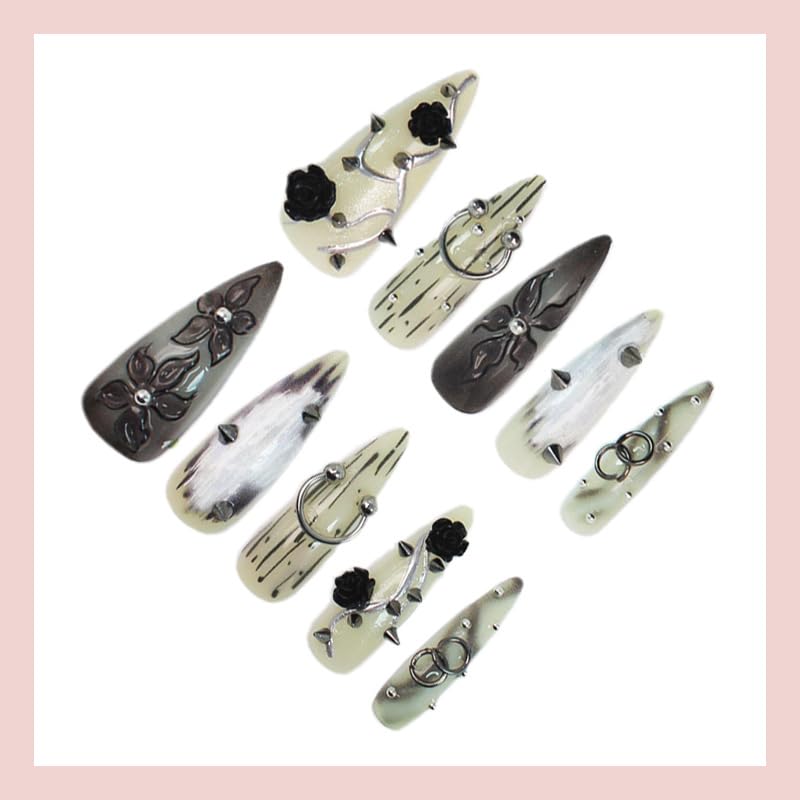 24Pcs Gothic Press on Nails Long Stiletto Floral Fake Nails with 3D Black Rose Metal Piercing Spikes Beads Design Punk Style Acrylic Nails Y2K Almond False Nails Goth Flower Glue on Nail for Women - color: style06