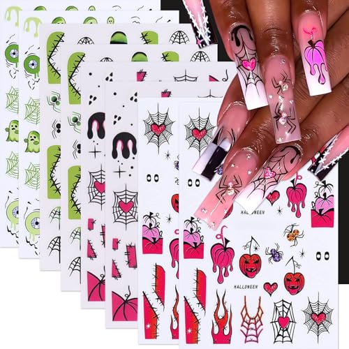 8Sheets Halloween Nail Stickers for Nail Art,3D Self-Adhesive Cute Ghost Spider Nail Decals Pink Red Horror Pumpkin Heart Spider Web Nail Design Nails Supplies for Women Manicure Holiday Decorations - style: spider