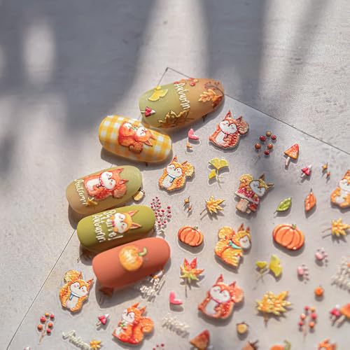 Maple Leaf Nail Stickers Fall Fox Nail Art Decals 5D Embossed Self Adhesive Autumn Leaf Pumpkin Mushroom Nuts Nails Decals for Nail Art Thanksgiving Day Nail Design for Women DIY Manicure Accessories - style: thanksgiving maple leaf