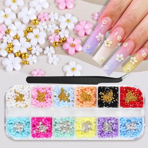 1 Box 12 Color Flower Nail Charms 3D Resin Floral Nail Charm Gold Silver Pearl Beads Nail Jewels Colorful Spring Valentine's Day Petal Nail Art Supplies for Women Girls DIY Acrylic Nail 12 Grids - color: YHN30