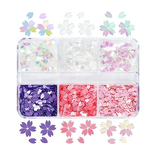 6 Colors 3D Cherry Blossom Petals Holographic Nail Glitter Sequins for Nail Art Design DIY Acrylic Nail Supplies Decoration Charms Women - color: 6 colors