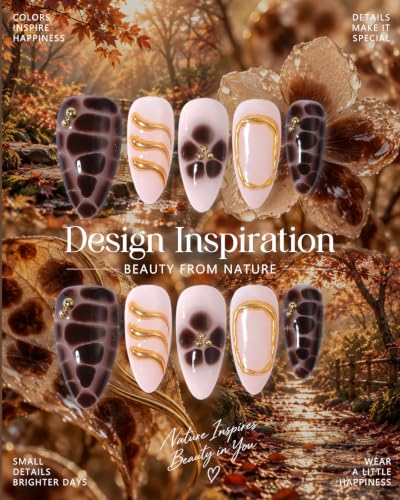 Buleens Handmade Press on Nails Acrylic - color: Gold-Ring Brown Flower, size: S