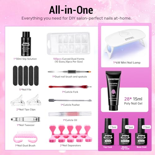 JEWHITENY Poly Gel Nail Kit 28 Colors Nude Gray Glitter with Nail Lamp Base Top Coats Builder Gel All-In-One Set Ideal for Designs DIY At Home Need U V Lamp Curing - color: F05