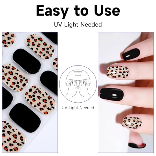 Semi Cured Gel Nail Strips (Black Leopard), 28pcs Gel Nail Stickers - color: Black Leopard