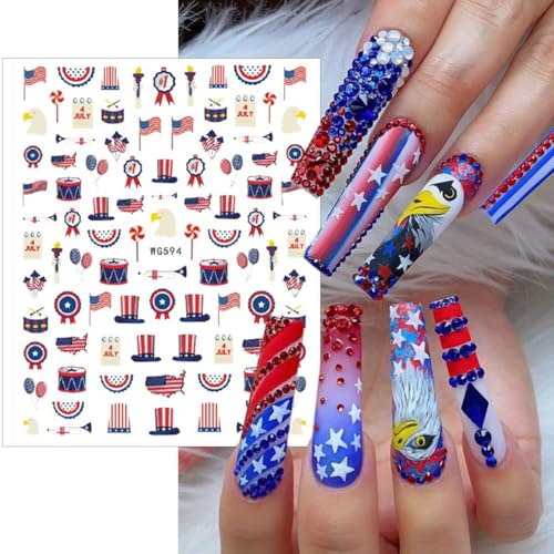 10Pcs 4th of July Nail Stickers Patriotic Nail Decals Independence Day Nail Art Stickers American Flag Stars Eagle Fireworks Heart Nail Design Supplies Memorial Day DIY Nail Decoration for Women Girls - style: independence day-1