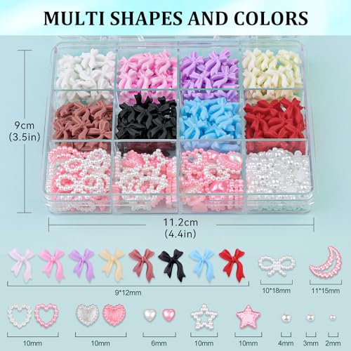 600 Pcs 3D Nail Bow Charms and Flatback Pearls Nail Charms Set 6 - color: Set 6- 8 Colors C Style