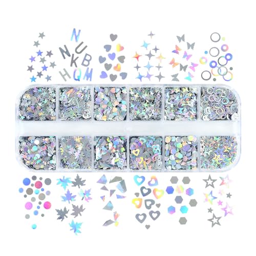 2 Pack 12 Grids Nail Glitter Sequins - 5g Each Dreamy Mix Color + Laser Silver, 3D Holographic Nail Charms for DIY Nail Art Supplies, Manicure Decorations for Women Beginners