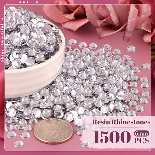 1500PCS 6mm Resin Rhinestones Bulk for Crafting (Clear), Flatback Bedazzling Crystals for Crafts DIY Nail Decoration, Gems Charms for Tumbler Shoes Clothing Fabric with Pickup Pen and Tweezers - color: B01 Resin Rhinestones (Clear), size: 6mm