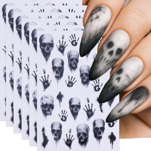 Halloween Bone Nail Art Sticker Skull Handprint Nail Decal 6Pcs/Pack Gothic Dark Horror Nail Art Decals 3D Self-Adhesive Spooky Bones Nail Supplies Accessories for Halloween DIY Manicure Decoration - color: Skull
