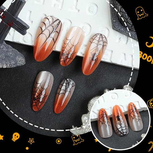 Halloween Press On Nails Medium Almond Fake Nails Press Ons Holiday With Spider Web Design False Nails Glossy Full Cover Acrylic Nails Orange Glue On Nails For Women - color: Halloween nails-5