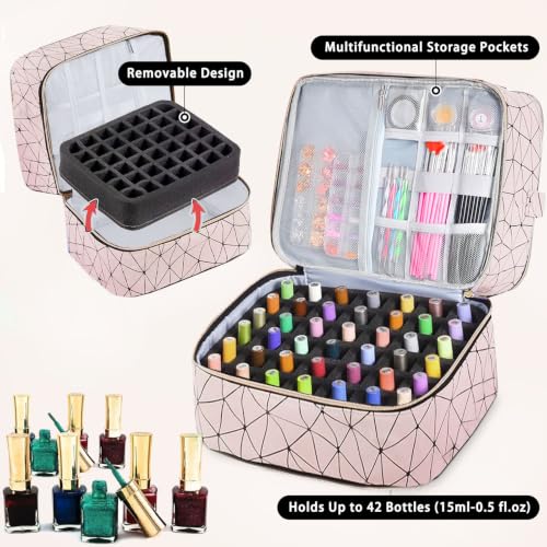 DHXYZZB Nail Polish Organizer Storage Bag - Holds 84 Bottles (15ml/0.5fl.Oz) & Manicure Tools & UV Lamp, 3 Layers Detachable PU Leather Nail Kit Storage Case, Large Travel Nail Supplies Shoulder Bag - color: Pink