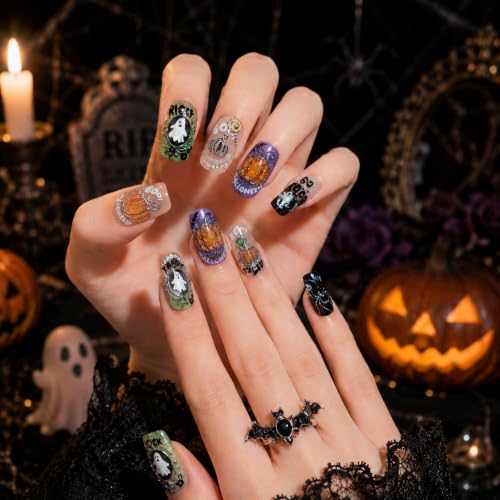 Halloween Nail Stickers 5D Ghost Pumpkin Spider Nail Decals for Nail Art - color: Multicolor-090